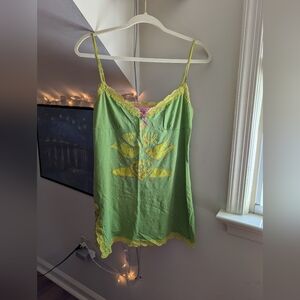 Y2k Vintage PINK Victoria's Secret Green Slip Dress with Yellow Lace